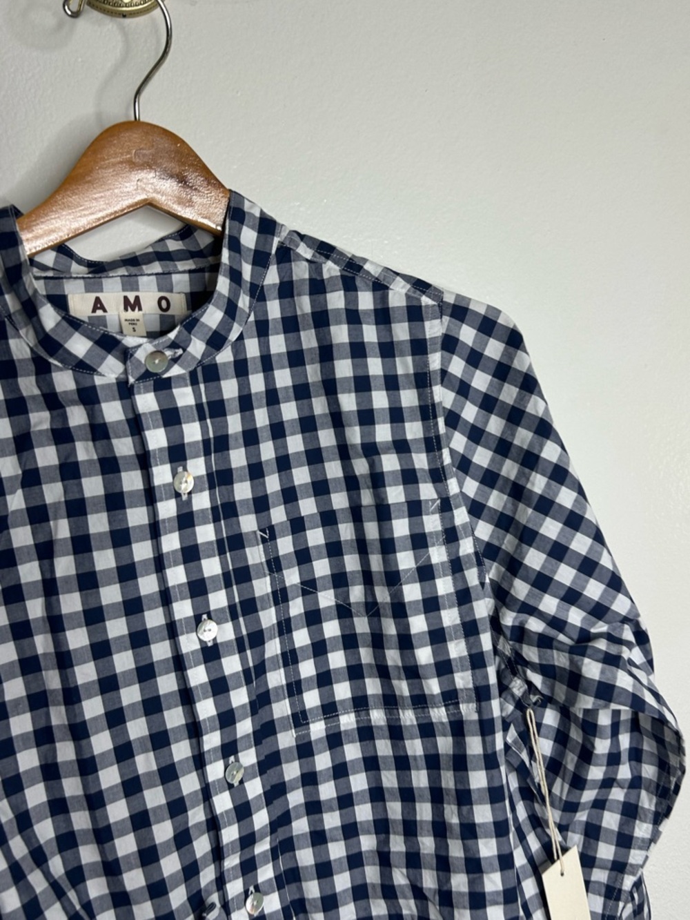 NWT AMO Rosalind Shirt Blue Navy Checkered Cropped Button Down Shirt Small - Picture 10 of 14